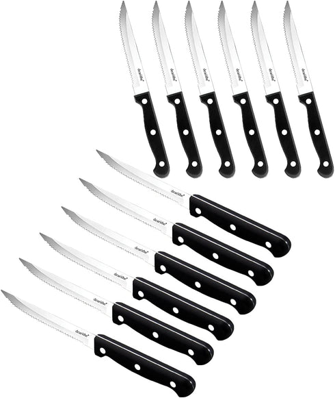 dearithe Serrated-Steak Knives Set of 12, Black Full-Tang Triple Rivet Steak Knife Sets, 4.5 Inch, For Kitchen Restaurant Tableware Camping ,Dishwasher Safe, Stainless Steel Sharp Blade