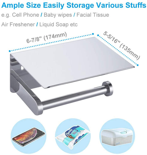 APLusee Toilet Paper Holder with Phone Shelf Polished Chrome, SUS 304 Stainless Steel Bathroom Accessories Tissue Roll Dispenser Storage Wall Mounted