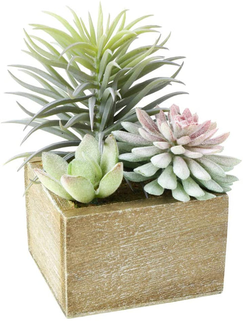 Mingfuxin Artificial Succulents Plants, Mini Assorted Green Faux Succulents in Pots, Small Succulents Plants Artificial with Wood Potted for Home Office Living Room Table Desk Plants Decor, Set of 3