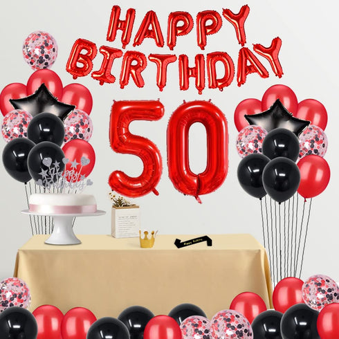 Fancypartyshop Fancy 50TH Birthday Party Decorations Supplies Red Black Later Balloons Happy Birthday Cake Topper Sash Foil Black Curtains Foil Star Balloons Number Red 50