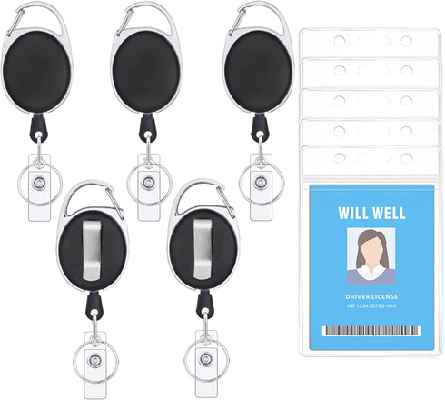 5 Pack ID Badge Holder With Clip – Badge Reels Retractable Heavy Duty – Clear Id Card Holder Retractable – Vertical Lanyard Id Holder with Carabiner Badge Reel – Badge Holders with 24 inches Pull Cord
