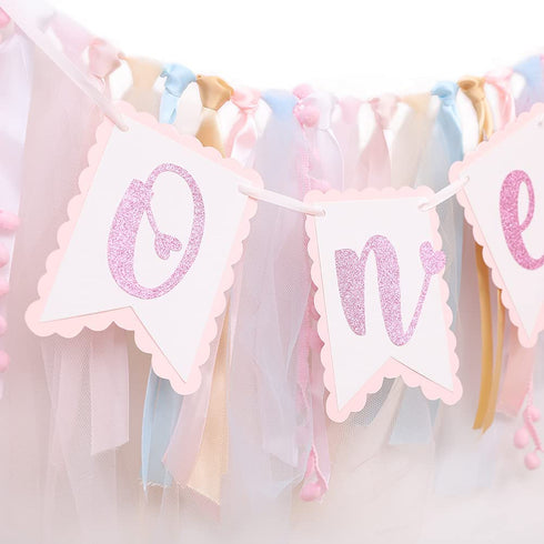 Pink Sweetheart One Birthday Banner - Pink Tutu Skirt High Chair Banner , 1st Birthday Party Gifts for Girls , Pink Bow-knot Decoration , Birthday Party Decorations , Photo Decoration Props , Valentines Day Banner