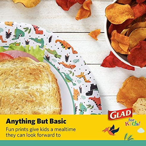 Glad for Kids 8 1/2-Inch Paper Plates|Small Round Paper Plates with Dinosaurs for Kids|Heavy Duty Disposable Soak Proof Microwavable Paper Plates, 8.5" Round Plates 20ct| Kids Plates, Dinosaur Plates