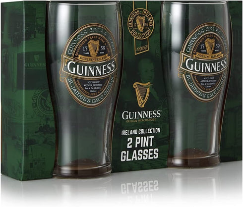Guinness Green Collection Pint Glasses, 20 ounce, Set of 2 - Beer Glass for Bar and Kitchen