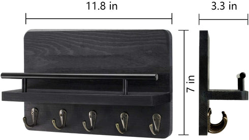 Key Holder and Mail Shelf Wall Mounted, Decorative Wall Mail Organizer with Shelf, Wood Hanging Mail Sorter Shelf with 5 Key Hooks, 100% Pine Wood Letter, Bill and Newspaper Storage Shelf (Black)