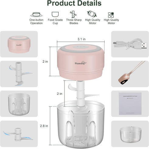 Electric Mini Garlic Chopper 2PCS Cups, Wireless Powerful Garlic Press Chopper, Portable 250ml+100ml Cups Garlic Blender For Vegetable, Fruit, Onions, Meat, Salad, Baby Food, IP68 Waterproof (Pink)