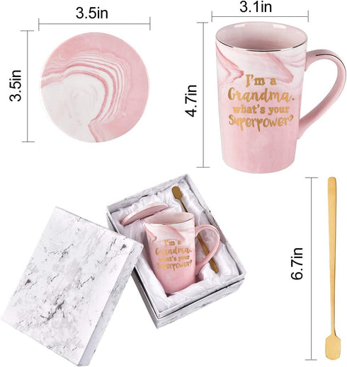 Gifts for Grandma - I'm a Grandma, What's Your SuperPower - Funny Birthday Gifts for Grandma - Grandma Coffee Mug - Grandma Gifts - 14Oz Pink Marble Mug with Gift Box Spoon Coaster