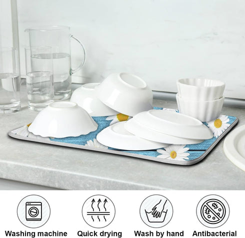 Absorbent Dish Drying Mat for Kitchen Counter - Daisies On Wooden Board Microfiber Drying Pad, Reversible Drainer Mats for Countertop, Small 16 x 18 inch, Large 18 x 24 inch