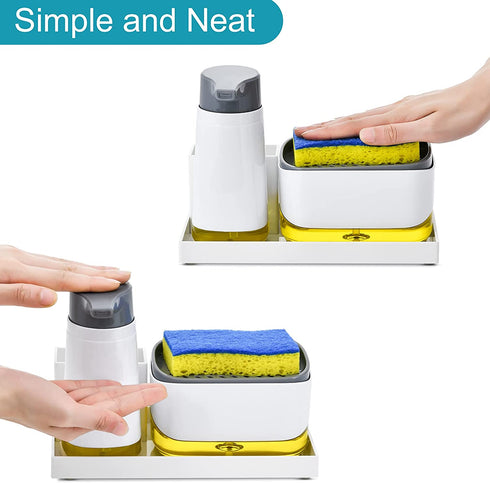 SUBEKYU Dish Soap Pump Dispenser Caddy for Kitchen Sink with Sponge Holder, Dishwashing Liquid Innovative Soap Dispenser with Non-Slip Tray