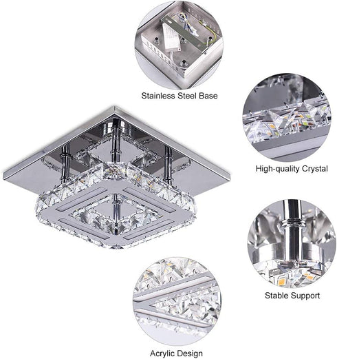 Modern Crystal Ceiling Lighting, CXGLEAMING Mini Square Crystal Chandelier Contemporary Luxury Semi Flush Mount LED Ceiling Light Fixture for Bedroom, Dining Room, Kitchen, Hallway, Entry, Foyer