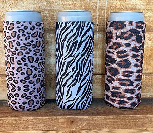Party Girl Kim Slim Can Coolers - Neoprene Insulated Slim Can Cooler for Tall Skinny 12oz Cans Like White Claw, Truly, Hard Seltzers and Red Bull - 3 Pack Animal Print
