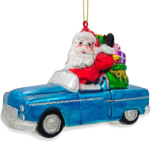 BestPysanky Santa in a Convertible Car Full of Gifts Glass Christmas Ornament 3.6 Inches