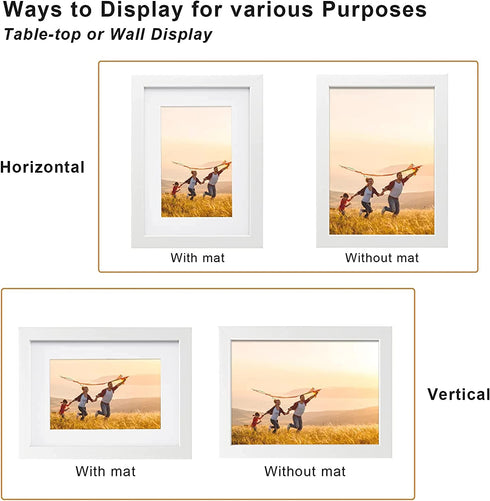 KINLINK 6x8 Picture Frames White, Photo Frames with Real Glass for Picture 4x6 with Mat or 6x8 without Mat, Composite Wood Picture Frames for Table Top and Wall Mounting, Set of 4