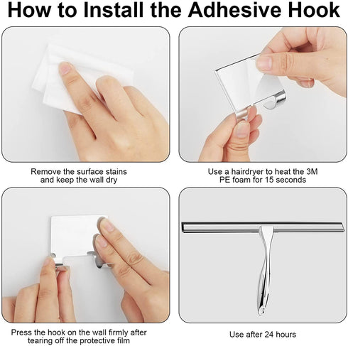 14 Inch Shower Squeegee Stainless Steel with Shower Door Hook and Adhesive Hook Glass Squeegee Bathroom for Doors, Bathroom, Windows, Kitchen, Mirror with Spare Silicone Blade 2 Hooks