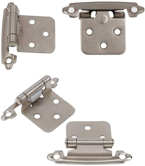 DecoBasics Satin Brushed Nickel Cabinet Hinges for Kitchen Cabinets (25 Pair -50 Pcs) -1/2" Overlay (Variable) -Self Closing Kitchen Cabinet Hinges Flush Mount w/ Silicon Bumpers & Upgraded Screws