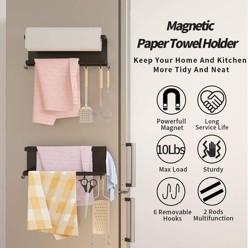 Magnetic Paper Towel Holder for Refrigerator with 6 Hooks, Kitchen Towel Rack with Strong Magnet, Magnetic Shelf Multi Function Made of Iron,Used for Kitchen, Drill Free (Black, with 6 Hooks)