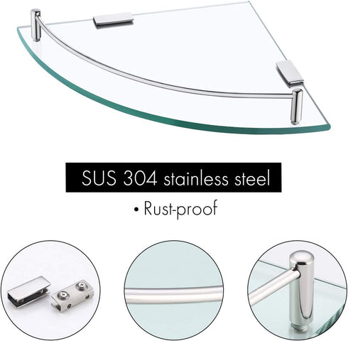 KES Glass Corner Shelf Bathroom Shower Shelf Tempered Glass with Rail SUS 304 Stainless Steel Floating Wall Mount Bracket Polished Finish, BGS2101A