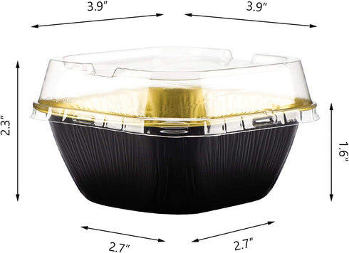 Cupcake Cups with Lids, EUSOAR 8oz 50pcs Disposable Desserts Flan, 3.5x2.7x1.6" Baking Cups with Lids, Aluminum Foil Desserts Cupcake Flan, Catering Gathering Shower Favor-Black Gold