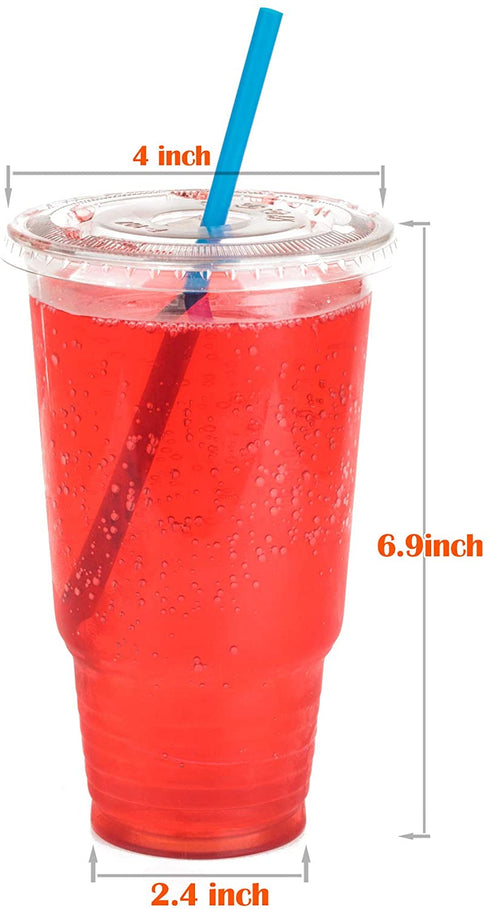 GOLDEN APPLE, 32oz-25sets. Clear Plastic Cups with Flat lids X hole (25cups +25lids) BPA Free