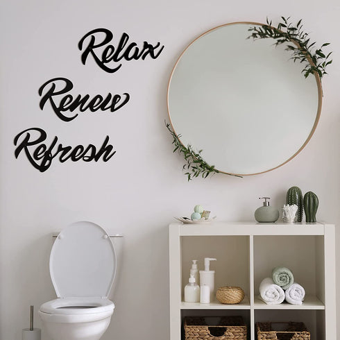 Hotop 3 Pieces Farmhouse Bathroom Metal Wall Signs Bathroom Metal Letter Sign Decor Relax Renew Refresh Metal Sign Bathroom Metal Wall Art Decor Black Metal Bathroom Wall Decor for Home Decoration