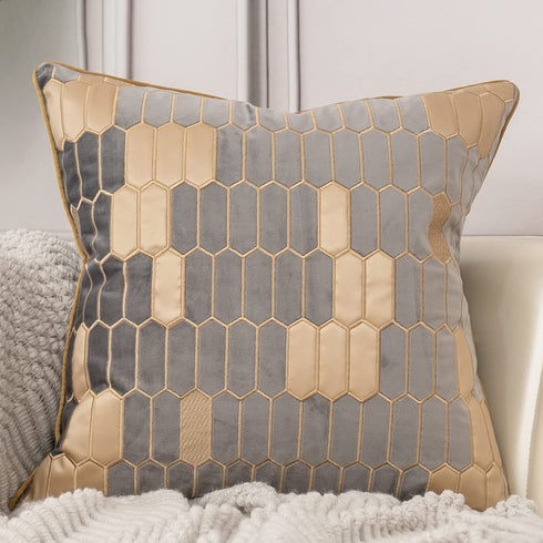 Aeckself 20 x 20 Inch Grey Beige Leather Geometric Plaid Embroidery Velvet Cushion Case Luxury Modern Square Throw Pillow Cover Decorative Pillow for Couch Living Room Bedroom Car 50 x 50cm