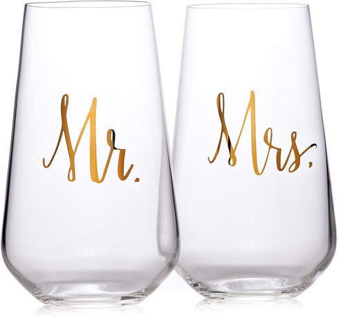 Bezrat Mr and Mrs Stemless Wine Glasses - Set Of 2-16 Ounces - Gift for Wedding, Bride and Groom, His & Hers Married Couple, Anniversary, Bridal Shower, Couples Engagement Mothers Day Gifts