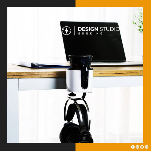 Luxury 2-in-1 Anti-Spill Cup Holder with Under Desk Headphone Hanger (White)