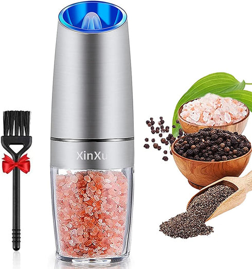 XinXu Gravity Electric Salt Shaker - Automatic Pepper Grinder - Pepper or Salt Mill, Battery-Operated with Adjustable Coarseness, Premium Stainless Steel with LED Blue Light, One Hand Operated