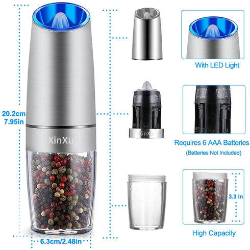 XinXu Gravity Electric Salt Shaker - Automatic Pepper Grinder - Pepper or Salt Mill, Battery-Operated with Adjustable Coarseness, Premium Stainless Steel with LED Blue Light, One Hand Operated