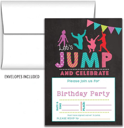 Set of 25 Jumping Kids Birthday Party invitations for Trampoline park Gravitopia, jump zone big air party with envelopes.