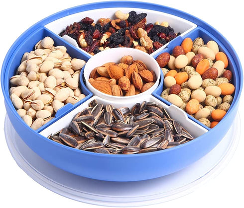 XKXKKE Divided Serving Dishes with Lid, Serving Tray with Lid, Round Divided Plates, Sectional Serving Tray Removable Party Snacks Tray for Candies, Nuts, Veggies, Fruits and Appetizer (Blue)