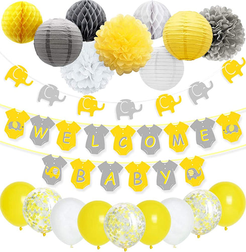 JOYMEMO Yellow Grey Elephant Baby Shower Decorations Neutral for Boy or Girl, Welcome Baby Banner Elephant Garland Confetti Balloons for Gender Neutral Baby Decor