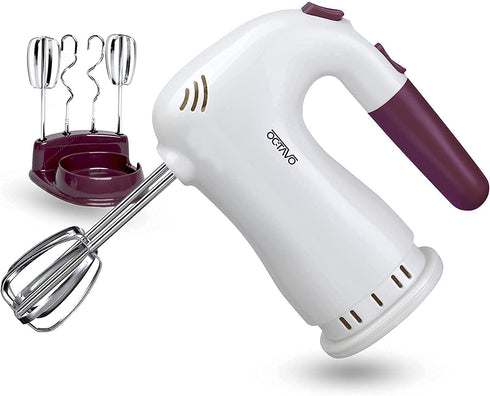 OCTAVO Hand Mixers Electric, Handheld Electric Mixer With Easy Eject Button, 2 Wired Beaters + 2 Dough Hooks And Storage base with Ultra Power 250W - 5 Speed - 120V (white)