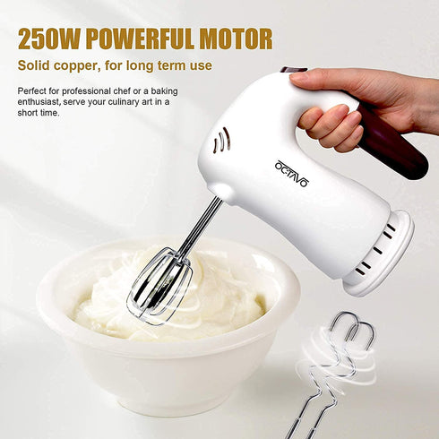 OCTAVO Hand Mixers Electric, Handheld Electric Mixer With Easy Eject Button, 2 Wired Beaters + 2 Dough Hooks And Storage base with Ultra Power 250W - 5 Speed - 120V (white)