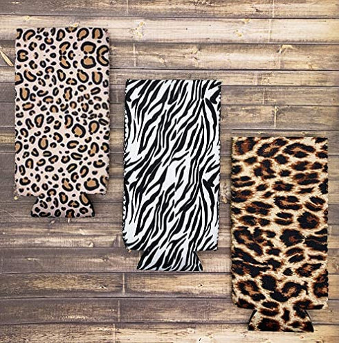 Party Girl Kim Slim Can Coolers - Neoprene Insulated Slim Can Cooler for Tall Skinny 12oz Cans Like White Claw, Truly, Hard Seltzers and Red Bull - 3 Pack Animal Print