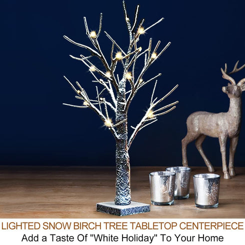 Bright Zeal 1-Pack 18" Tall Lighted Birch Christmas Tree with Faux Snow and 24 Warm White LED Bulbs - Table Top White Birch Tree Lamp Birch Snow Tree Indoor - LED Birch Tree Light Up Tabletop Decor