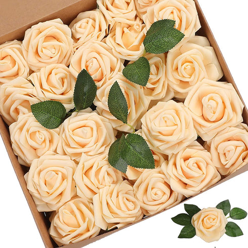 Artificial Flowers Roses 50pcs Champagne Roses Wedding Decoration Real Looking Fake Roses w/Stem for DIY Wedding Bouquets Centerpieces Arrangement Party Baby Shower Home Decoration (Champagne, 50 pcs)
