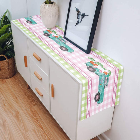 Easter Table Runner Farm Truck Bunny Butt Tail Carrot Table Runner Dresser Scarves,Linen Burlap Table Runners Cloth for April Holiday Dinner Party, Kitchen Dining Farmhouse Buffalo Lattice 13x90inch