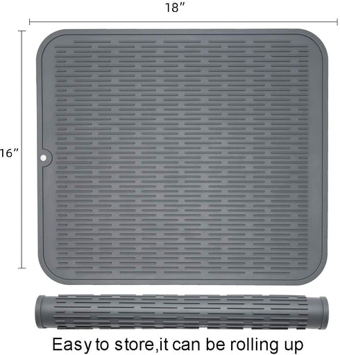 ZLR Dish Drying Mat, Multiple Usage Silicone Dish Drying Mat, Easy to Clean Drying Mat for Kitchen Counter, Grey, 16 inches x 18 inches, XL