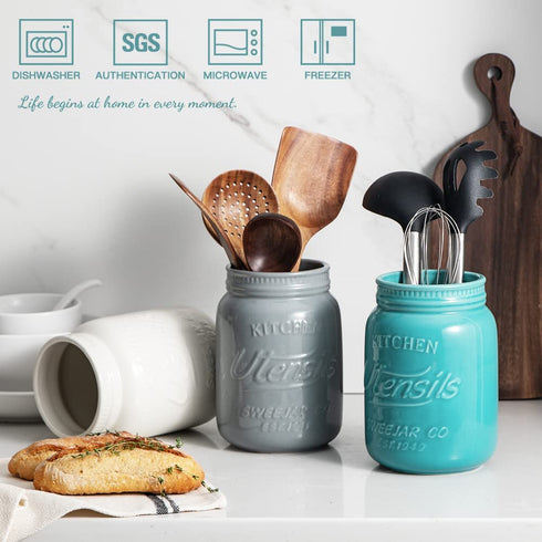 SWEEJAR Kitchen Utensil Holder with Embossed Style, 6.3" Porcelain Utensil Crock to Hold Spatulas for Cooking Countertop, Farmhouse Style Kitchen Decor (Turquoise)