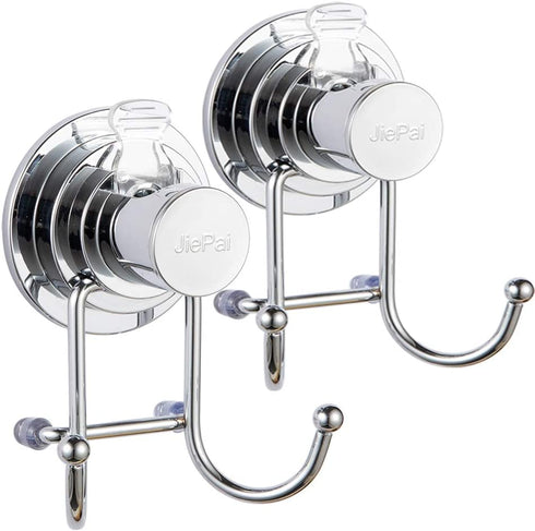 JiePai Suction Cup Towel Hooks,Shower Towel Holder for Bathroom,Suction Shower Towel Rack Organizer for Towel, Bathrobe,Loofah,Coat,Bags,Chrome (2 Pack)