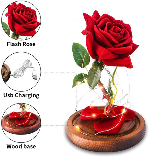 Beauty and The Beast Rose ,Red Silk Rose with Fallen Petals in Glass Dome on Wooden Base,Graduation Gift,Birthday Gifts?Valentine's Day ,Anniversary ,Christmas