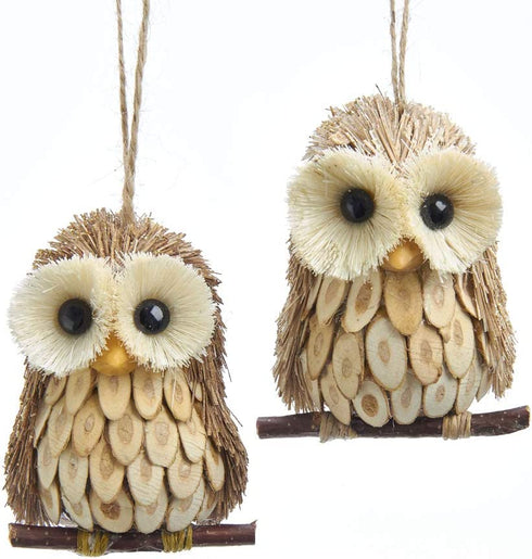 Kurt Adler C7852 4" Wood and Sisal Owl Ornaments 2 Assorted Pack