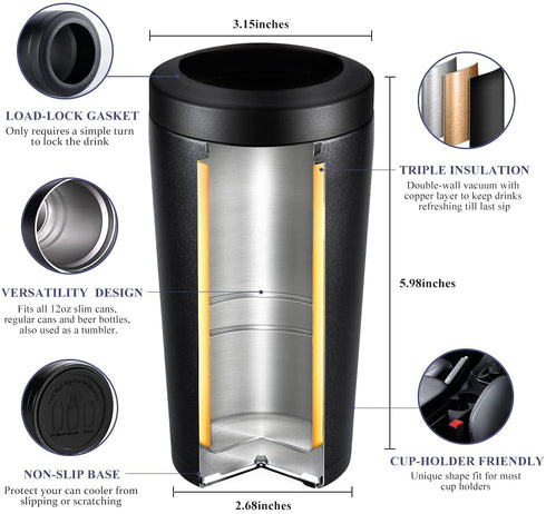 4 in 1 Insulated Slim Can Cooler for 12 OZ Cans and Beer Bottle - Keep 8 Hours Cold, Easy to Hold - Stainless Steel Can Holder, Double Walled Can Insulator for Hard Seltzer and More