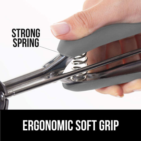 Gorilla Grip Premium Stainless Steel, Spring-Loaded Scoop for Fruit, Cookie and Ice Cream, Easy Squeeze and Clean Release, Comfortable Handle, Medium, 2 TBSP Scooper Size 30, Uniform Portions, Gray