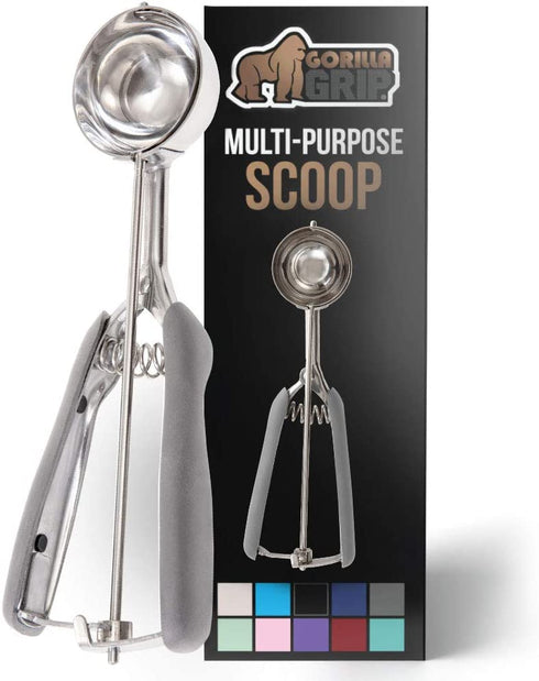 Gorilla Grip Premium Stainless Steel, Spring-Loaded Scoop for Fruit, Cookie and Ice Cream, Easy Squeeze and Clean Release, Comfortable Handle, Medium, 2 TBSP Scooper Size 30, Uniform Portions, Gray