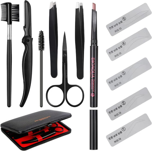SENXILLER Eyebrow Kit Razor Pencil Brush Stencil Scissors Tweezers Grooming Kit with Mirror for Men and Women (Dark Brown Eyebrow Pencil)