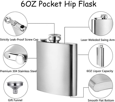 8th Day Fashion 6OZ Hip Flask for Liquor Pocket Size Stainless Steel Leakproof with Funnel Set Alcohol Drinking Flask Set (Silver)
