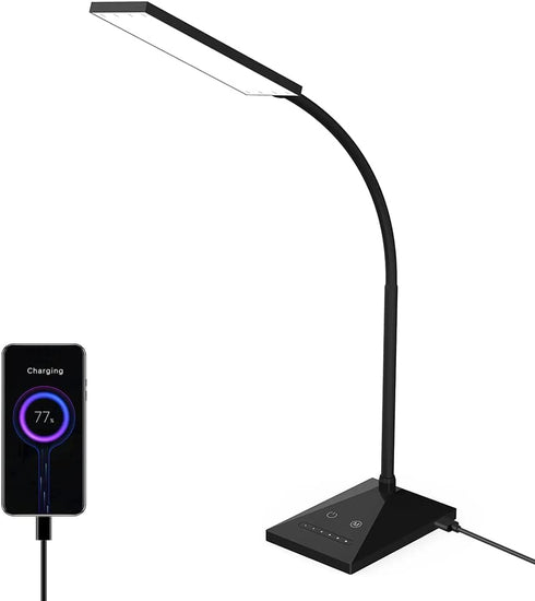 LED Desk Lamp, RAOYI 12W Dimmable Table Lamp Eye-Caring Reading Light with USB Charging Port, Touch Control, 5 Lighting Modes and 7-Level Brightness for Home Office Bedrooms (Black)