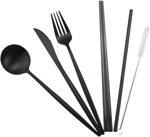 Gugrida Reusable Travel Utensils, 7 Piece Portable 304 Stainless Steel including Knife Fork Spoon Chopsticks Cleaning Brush Straws Portable Pouch, Eco-friendly Camping Silverware Set, Dishwasher Safe